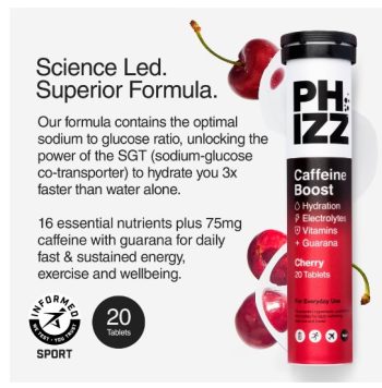 Phizz Caffeine Boost 20 Cherry Tablets 86g | energy boost | convenient | electrolytes | vitamin