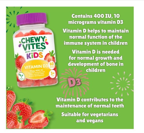 Chewy Vites Kids Vitamin D3 Gummies | support bone health | immunity | vegan | vegetarians | strawberry