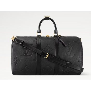 Louis Vuitton Keepall Bandoulière 45 in Monogram Empreinte Giant leather, featuring gold-color hardware, adjustable strap, and spacious interior.