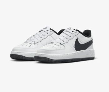 Nike Air Force 1 'LV8 4 (GS) in White/White-Black. Classic grade school sneakers with premium leather and Nike Air cushioning.