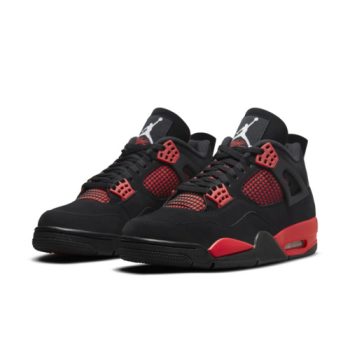 The Air Jordan 4 Retro 'Red Thunder' features a black nubuck upper with vibrant red mesh accents and detailing. Equipped with visible Air cushioning and a durable rubber outsole, this sneaker delivers bold style and superior comfort for on-court and off-court wear.