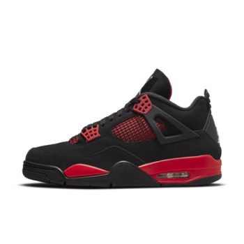 Air Jordan 4 Retro 'Red Thunder' with a black nubuck upper, red accents, and Air cushioning for comfort and style.