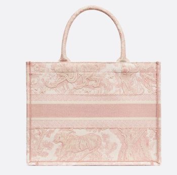 Dior Book Tote in ecru and pink Toile de Jouy embroidery, a luxury designer tote for everyday elegance.