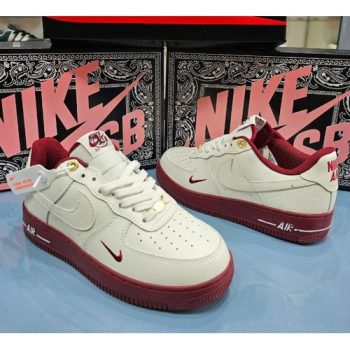 Nike Air Force 1 Low "40th Anniversary" Sneakers – men's white and burgundy leather shoes with gold details and ‘40’ motif.